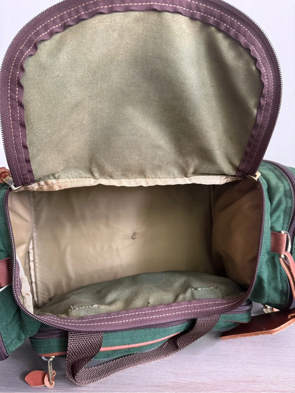 Vintage LL Bean Green Continental Weekender Duffle Bag Canvas Leather Mono CHUCK